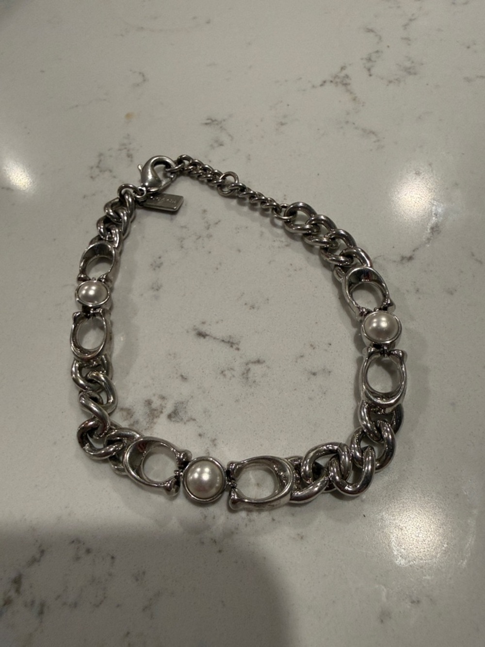 COACH Silver Pearl Accent Chain Bracelet - Women's Jewelry